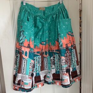 Lindy Bop Teal and Coral Cityscape A-Line Skirt